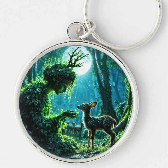 Chaveiro Enchanted nature guardian feeding a baby fawn (Frente)