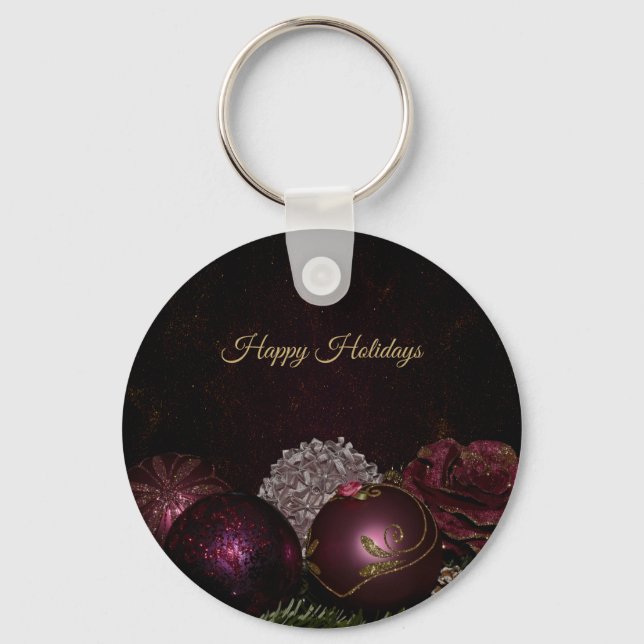 Chaveiro Enfeite de Natal Rosa Folhas Verdes Preto (Frente)