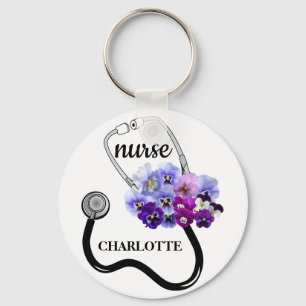 Chaveiro Enfermeiro Stethoscope e Blue Pansy Floral