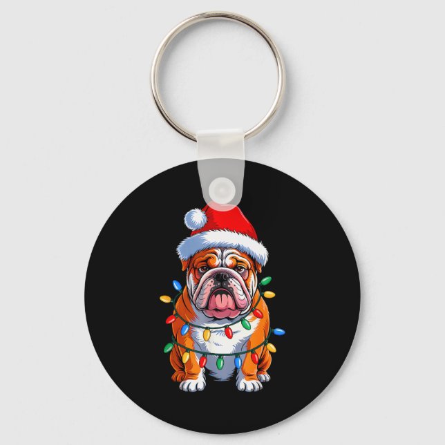 Chaveiro English Bulldog Dog Christmas Lights Santa Hat Xma (Frente)