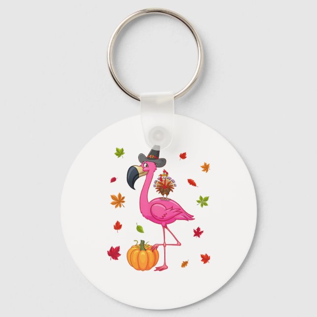 Chaveiro Engraçado Flamingo Turquia Ação de Graças Pumpkin (Frente)