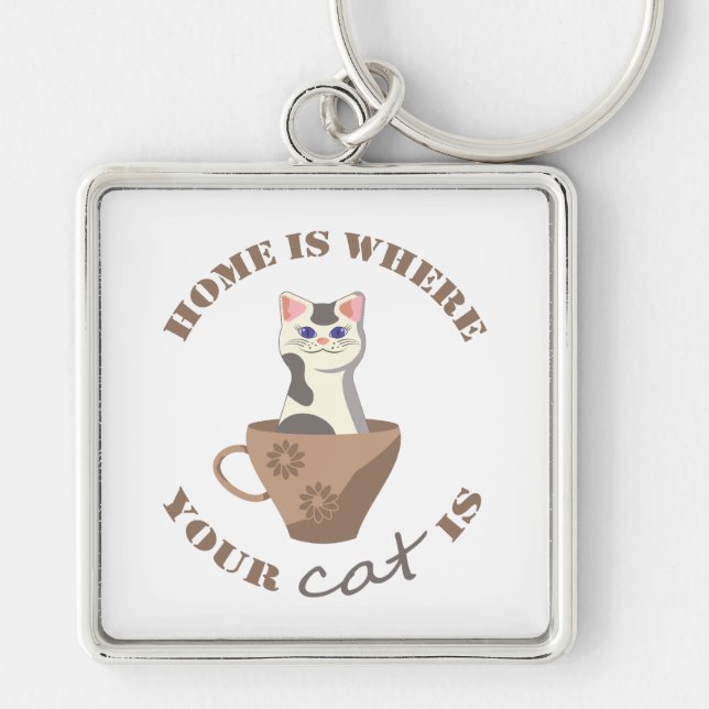 Chaveiro Engraçado texto Lar é onde seu gato está no copo (Frente)