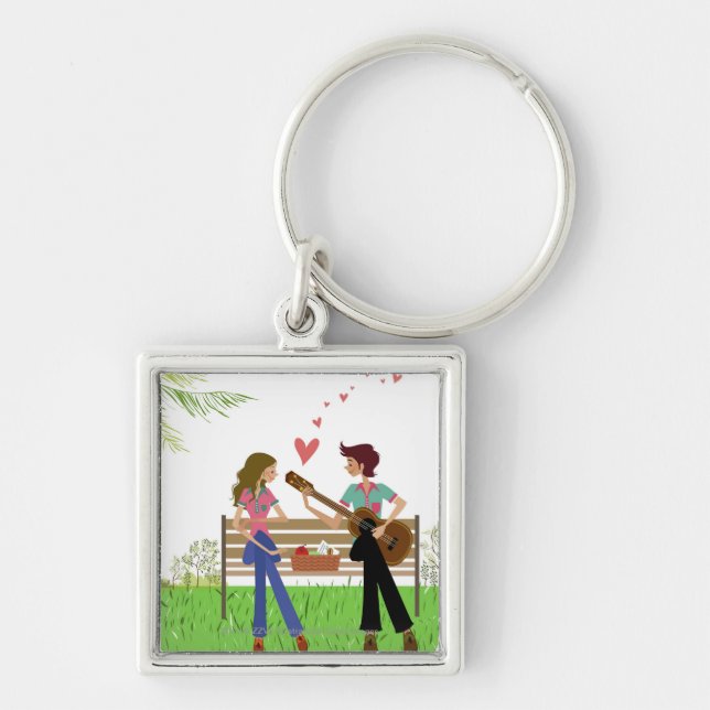 Chaveiro Equipe o jogo da guitarra com uma mulher ao lado (Frente)