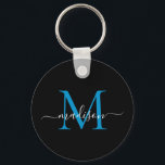 Chaveiro Escrita Moderna Elegante do Nome do Monograma Azul<br><div class="desc">Chaveiro de Script Moderno Elegante Elegante do Monograma Azul do Oceano Negro Simples</div>