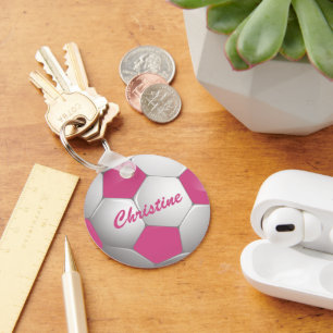 Chaveiro Esfera de Futebol Personalizável, Rosa e Branco