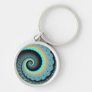 Chaveiro Espiral de Arte Fractal Laranja abstrato azul Turq