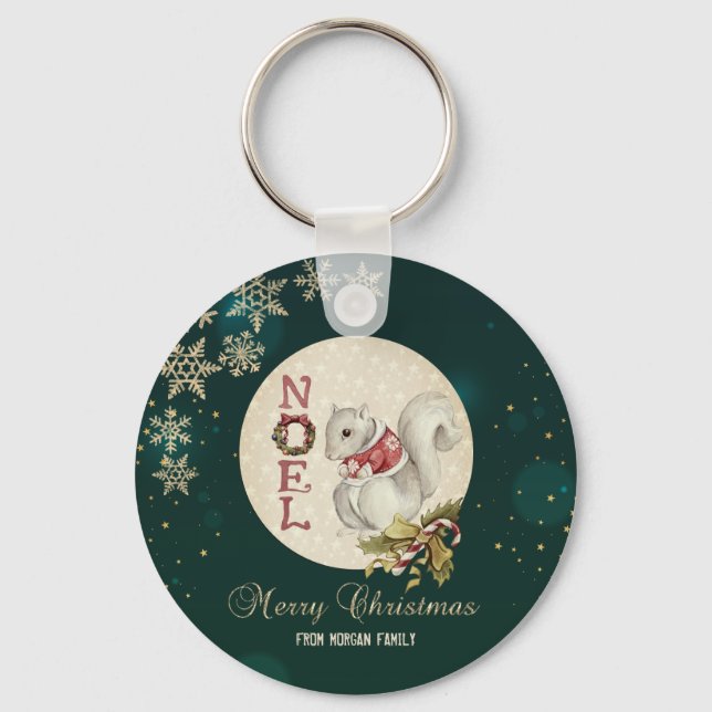 Chaveiro Esquilo de Natal Vintage, Flocos de Neve (Frente)