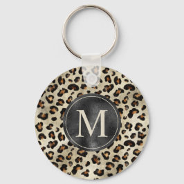 Chaveiro Estampa de Animal Leopardo Com Monograma de Folha 