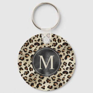 Chaveiro Estampa de Animal Leopardo Com Monograma de Folha 