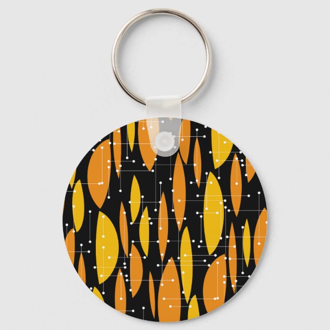 Chaveiro Estilo atômico, padrão geométrico laranja preto. (Frente)
