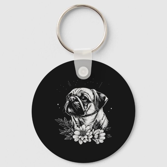 Chaveiro Estilo de Tatuagem Sobrevoar Pug Retro Cão (Frente)