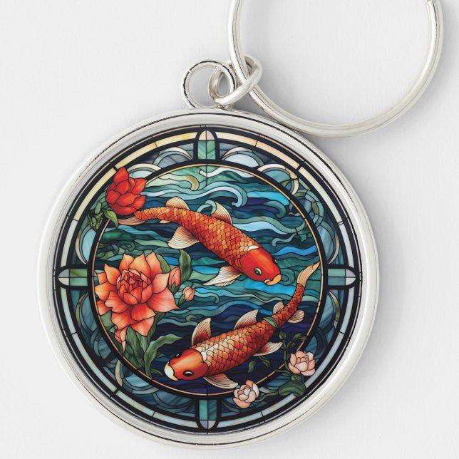 Chaveiro Estilo de Vidro Asiático Koi Fish e Camellias (Frente)