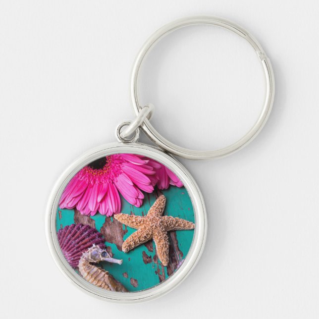 Chaveiro Estrados e cavalo marinho cor-de-rosa com estrela (Frente)