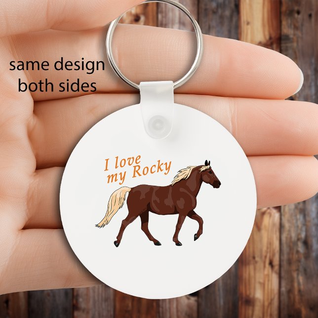 Chaveiro Eu Amo Meu Cavalo Da Montanha Rochosa Equestre (Round keychain with “I love my Rocky” text and illustrated Rocky Mountain Horse, equestrian design.)