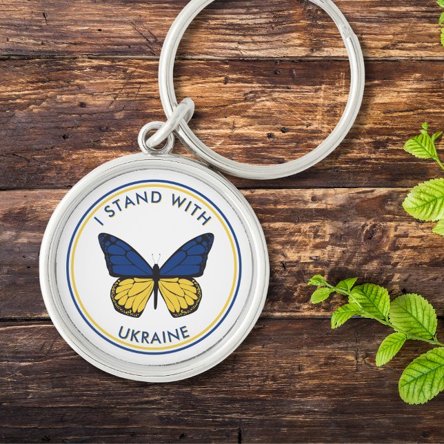 Chaveiro Eu fico com a Ucrânia, com Design de borboleta edi (Text is editable - replace with other text if you wish.  Use design tool to adjust text curvature)
