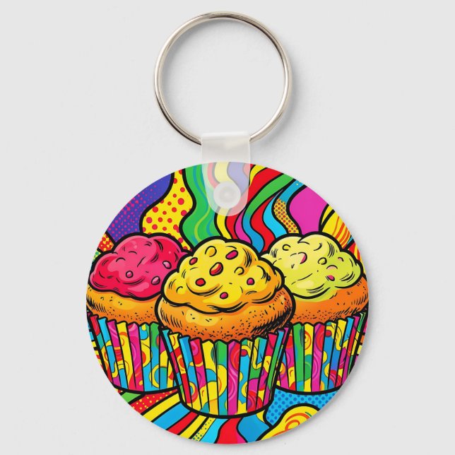 Chaveiro Explosão de Cupcakes com Arco-íris da Pop Art (Frente)
