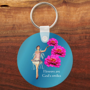 Chaveiro Fadas e flores de zínias cor-de-rosa inspiradoras