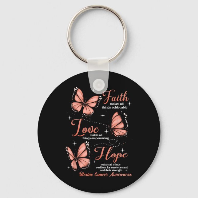 Chaveiro Faith Love Hope Butterfly Uterine Cancer Awareness (Frente)