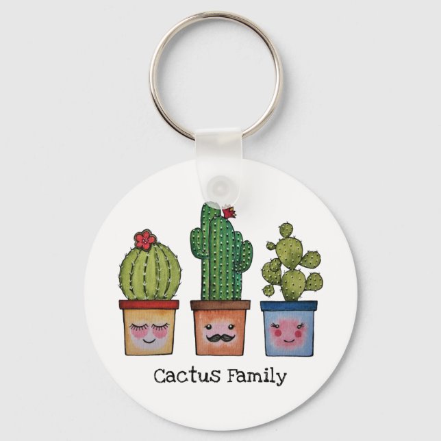 Chaveiro Família Cute Cactus Em Aquarela (Frente)