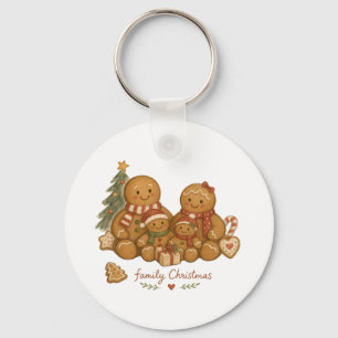 Chaveiro Família de Pão de Mel com Árvore de Natal Aquarela