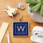 Chaveiro Family Initial Monogrammed Couple Names<br><div class="desc">An elegant monogram design on navy blue background with square border,  personalized with your family initial and first names... </div>