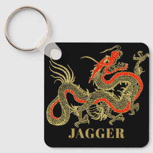 Chaveiro Fantasia Dragão Chinês Monograma Dourado Vermelho