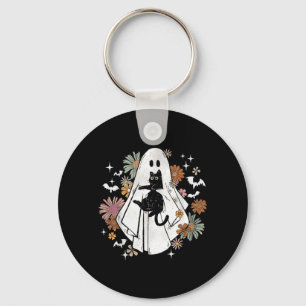 Chaveiro Fantasma Assustador Segurando Gato Preto Floral Gr