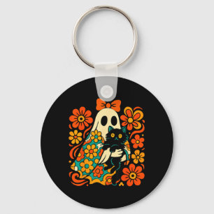 Chaveiro Fantasma Assustador Segurando Gato Preto Floral Re