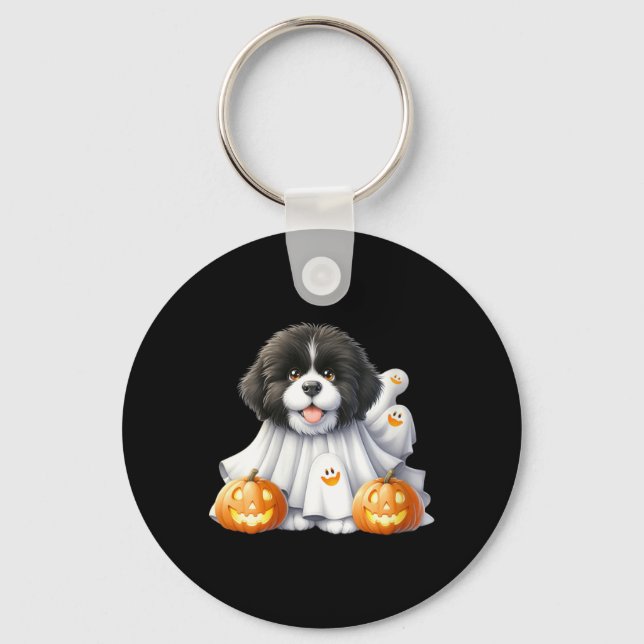 Chaveiro Fantasma de Cachorro de Halloween Preto e Branco F (Frente)