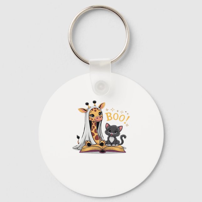 Chaveiro Fantasma de Girafa Fofa com Gato Preto e Boo! Clás (Frente)