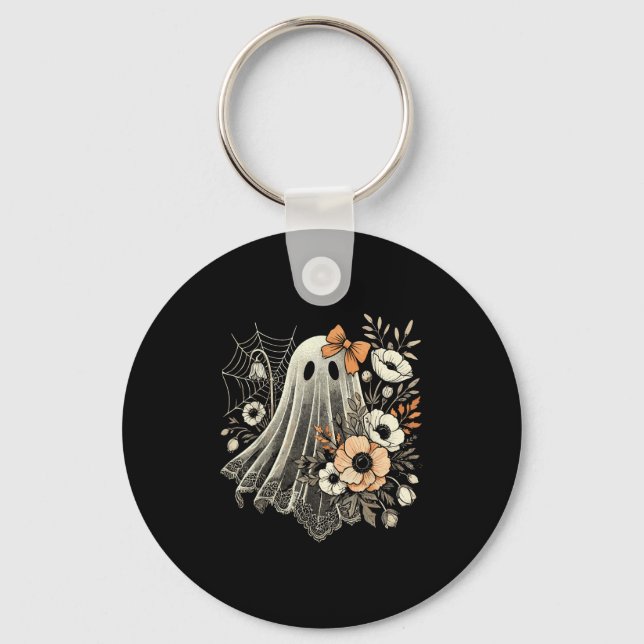 Chaveiro Fantasma de Halloween com Flores Vintage  (Frente)