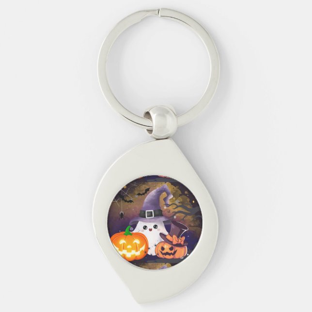 Chaveiro Fantasma de Halloween Fofo com Chapéu de Bruxa e A (Frente)