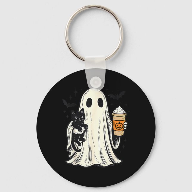 Chaveiro Fantasma de Halloween Fofo Segurando Gato Preto Ca (Frente)