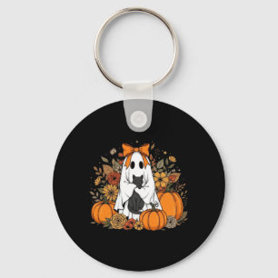 Chaveiro Fantasma de Halloween segurando gato preto floral