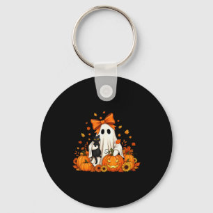 Chaveiro Fantasma de Halloween Vintage segurando gato preto