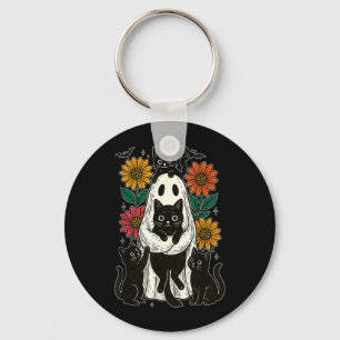 Chaveiro Fantasma de Halloween Vintage Segurando Gato Preto