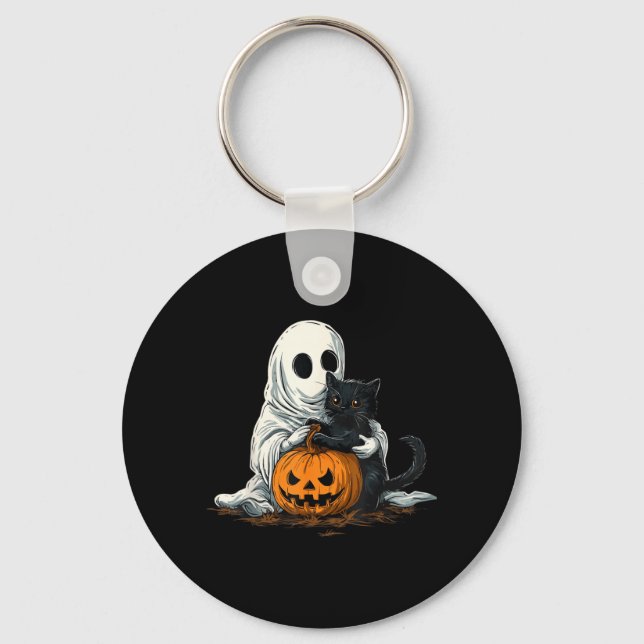 Chaveiro Fantasma Engraçado Com Gato Preto E Jack O Lantern (Frente)