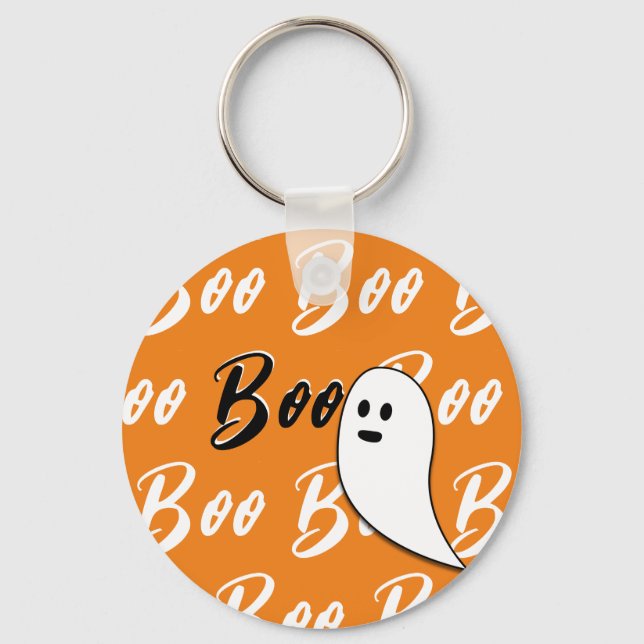 Chaveiro Fantasma Halloween preto branco laranja boo (Frente)
