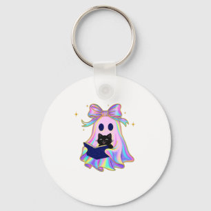 Chaveiro Fantasma iridescente com um livro e uma gata preta