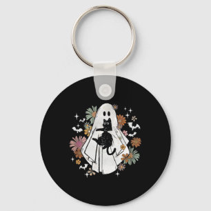 Chaveiro Fantasma Segurando Gato Negro Groovy Floral Hallow