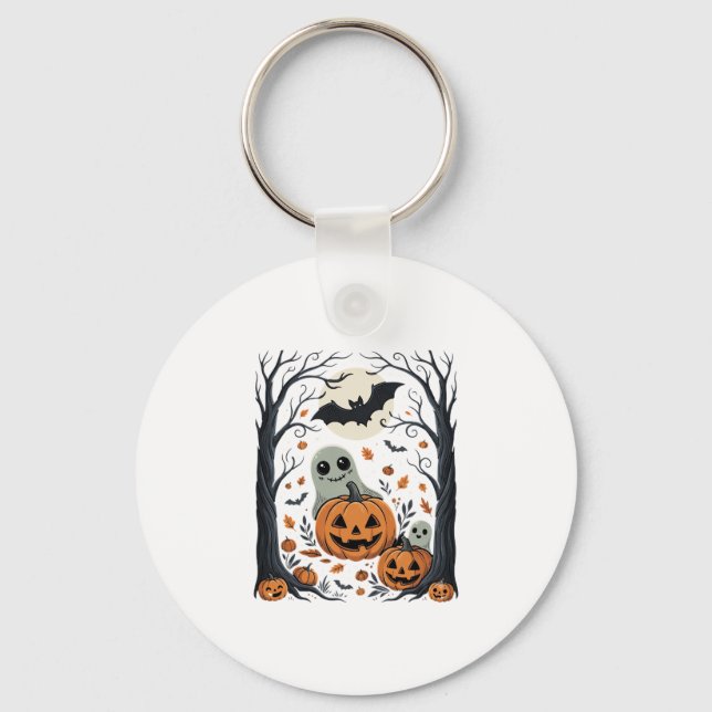 Chaveiro Fantasmas de Halloween Fofos e Floresta de Abóbora (Frente)