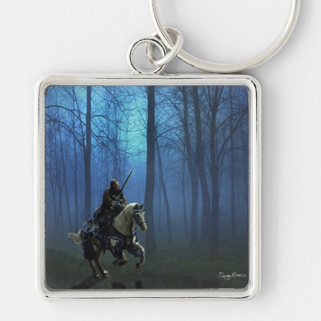 Chaveiro Fantasy Art Blue Knight em Horseback à Luz (Frente)