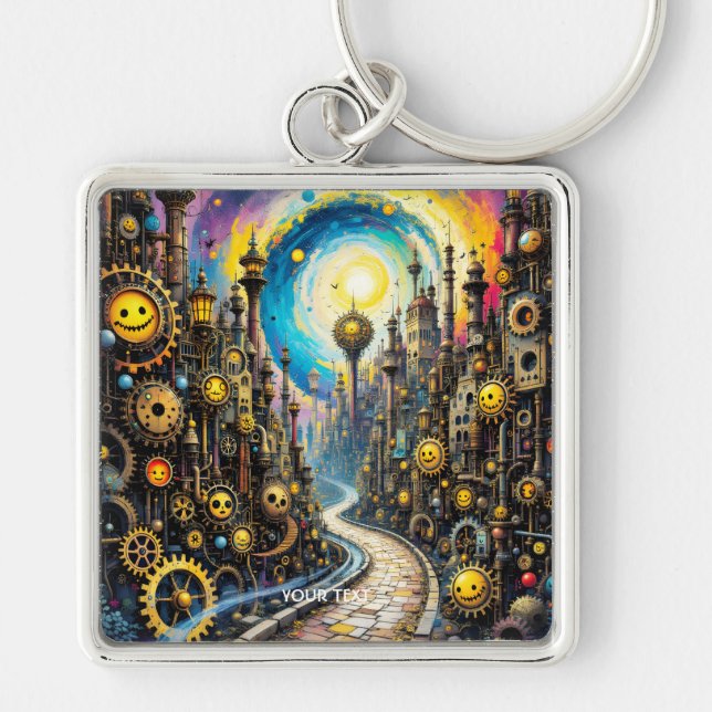 Chaveiro Fantasy Cute Abstrato Steampunk Cidade (Frente)