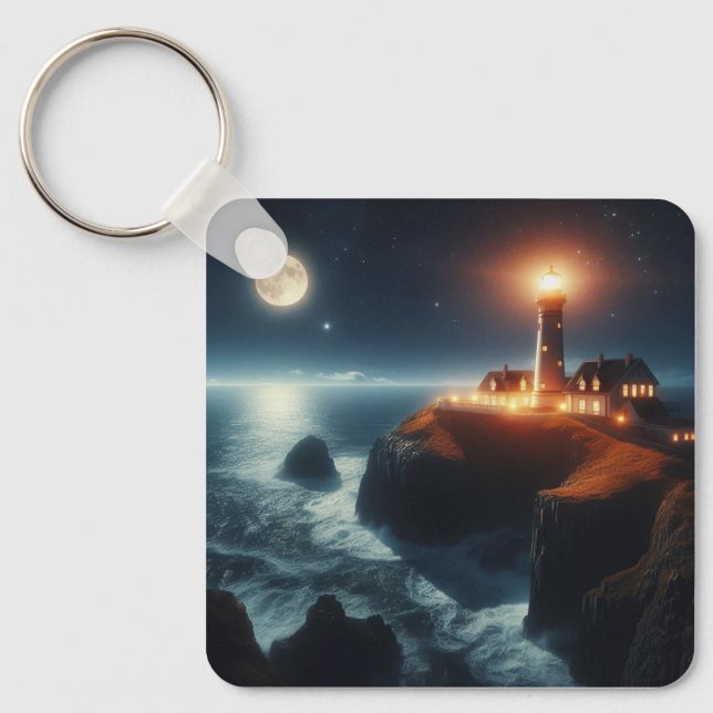 Chaveiro Farol náutico/costeiro à noite com lua (Frente)