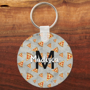 Chaveiro Fatias de pizza legais padrão vintage cinza Monogr