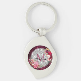 Chaveiro Faux Chic Silver Glitter Burgundy Monograma floral