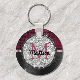 Chaveiro Faux Chic Silver Glitter Burgundy Monograma preto