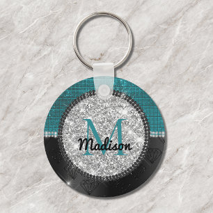 Chaveiro Faux Chic Silver Glitter Turquoise Monograma preto