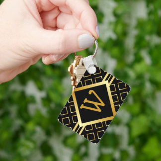 Chaveiro FAUX Gold Geometric INITIAL only Pattern on BLACK