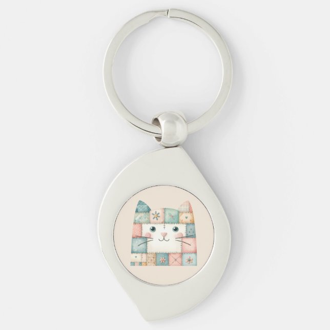 Chaveiro Faux Patchwork Pastel Cottage Kitty Face (Frente)